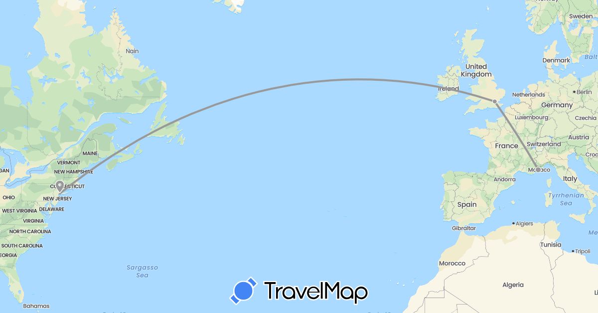 TravelMap itinerary: plane in France, United Kingdom, United States (Europe, North America)